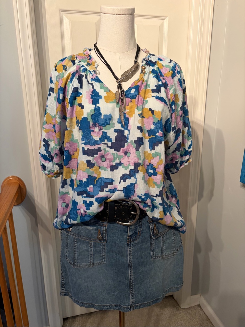 Sonoma Blue-Pink Pixel Floral Peasant Blouse